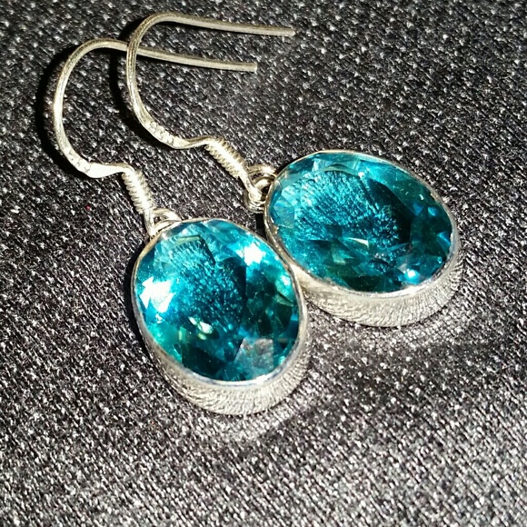 925 Silver French Hook Blue Topaz Earrings - Picture 4 of 8